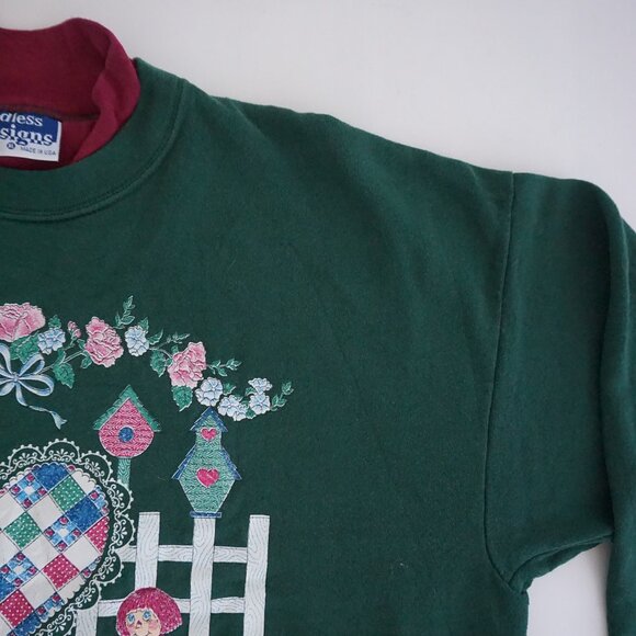 Vintage Endless Designs Green Floral Birdhouse Heart Wreath Sweatshirt XL - Picture 9 of 14